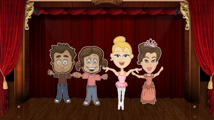 Vier Charaktere tanzen auf einer Puppet Pals-Bühne