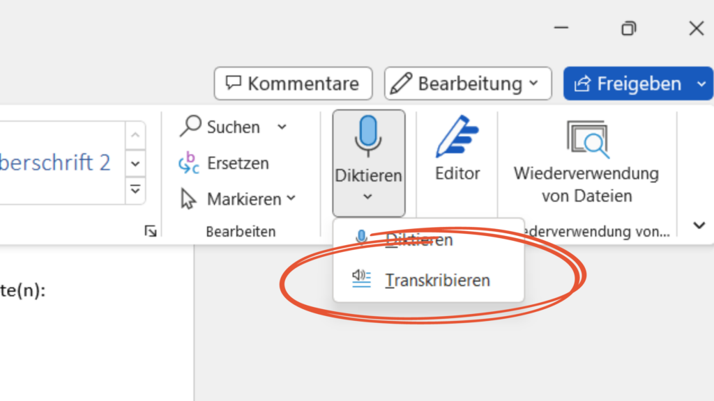 Screenshot Transkript-Schaltfläche Word