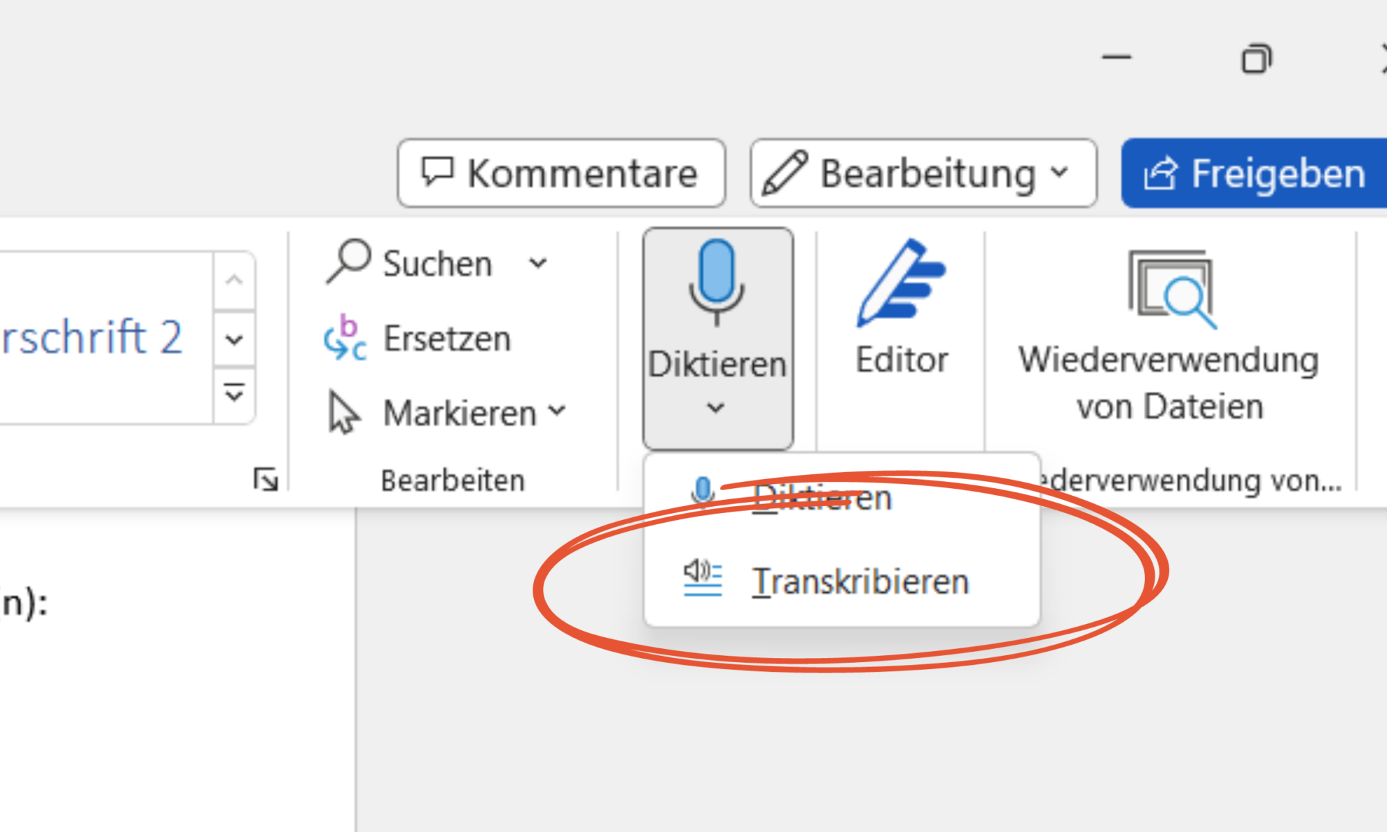 Screenshot Transkript-Schaltfläche Word