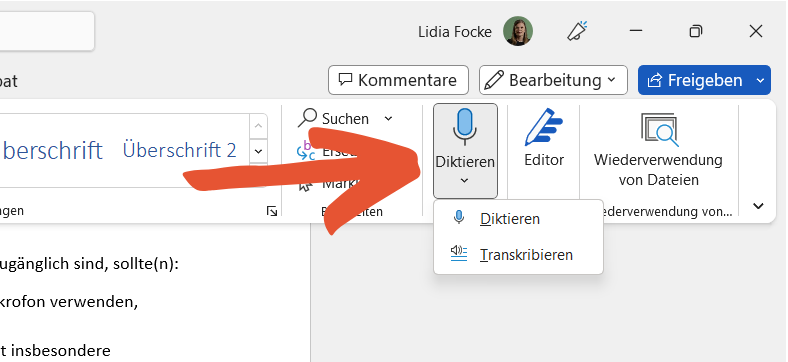 Screenshot Transkript-Funktion bei Microsoft Word