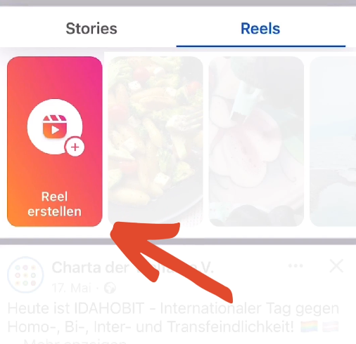 Screenshot der Facebook-App mit der Option ein neues Reel zu erstellen