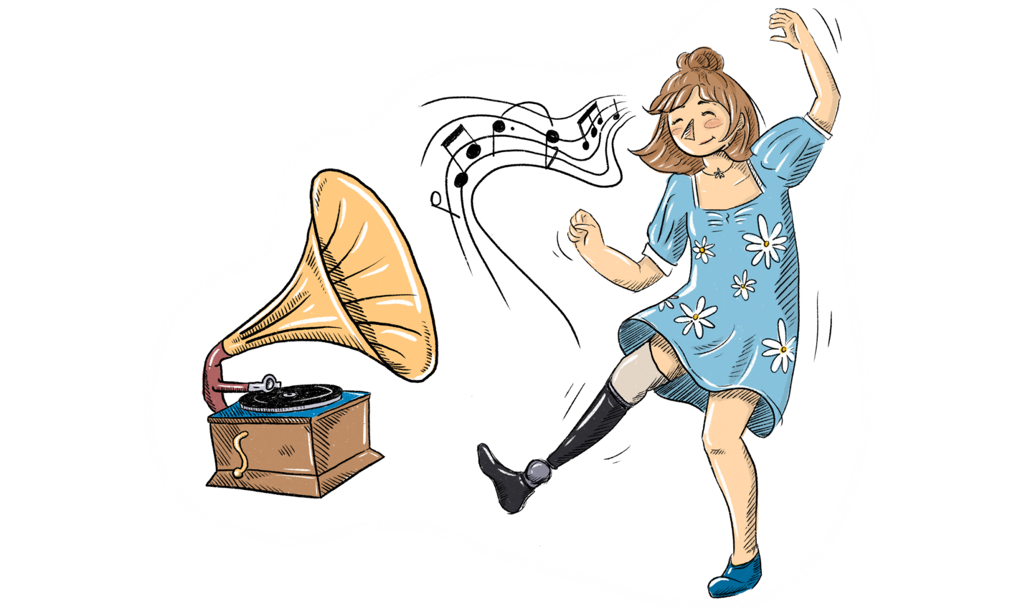 Illustration von einer tanzenden Frau im Kleid mit einer Beinprothese. Vor ihr steht ein Grammophon