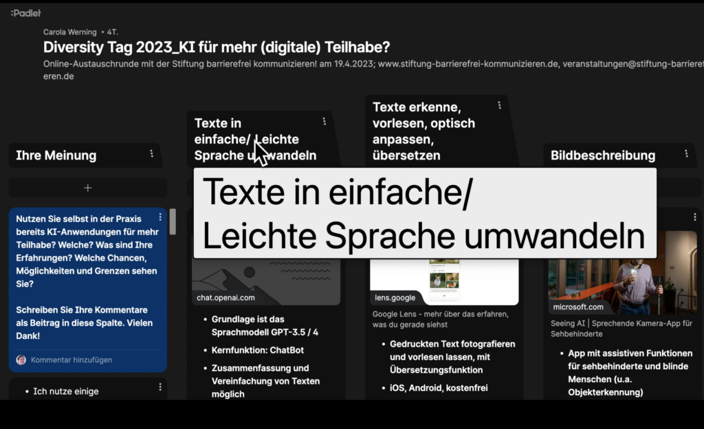 Screenshot eines Padlets mit Demonstration der Schwebender-Text-Funktion