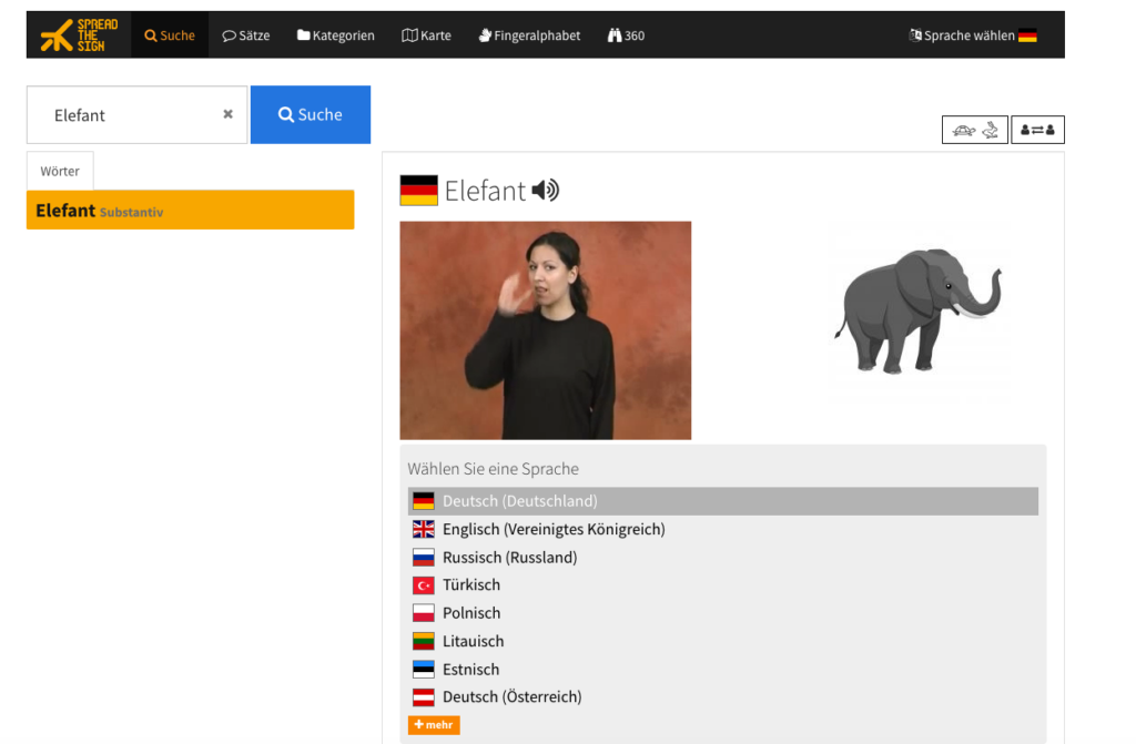 Bildschirmfoto der Seite Spreadthesign mit der Darstellung der Gebärde für Elefant. Neben dem Gebärdenvideo sieht man eine Elefantengrafik, die. Möglichkeiten für das langsame oder schnellere Abspielen der Gebärden sowie die Möglichkeit, die Gebärden für Elefant in anderen Sprachen darzustellen.