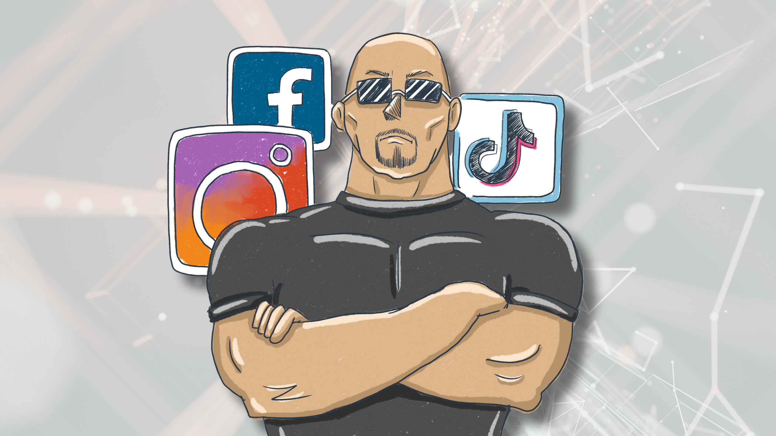 Muskulöse Person mit verschränkten Armen vor Social Media Icons
