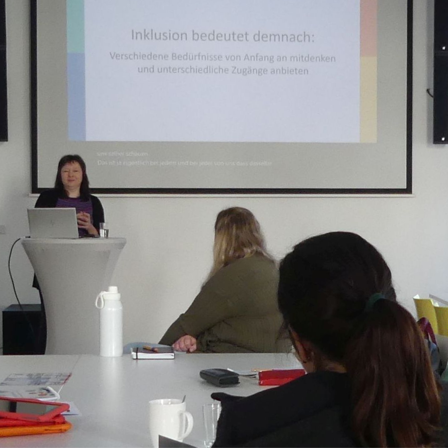 Dr. Christine Ketzer beim Vortrag zu Inklusiver Medienarbeit. Sie steht vorne an einem Pult mit Laptop. Vor ihr sitzen pädagogische Fachkräfte und hören ihrem Vortrag zu.