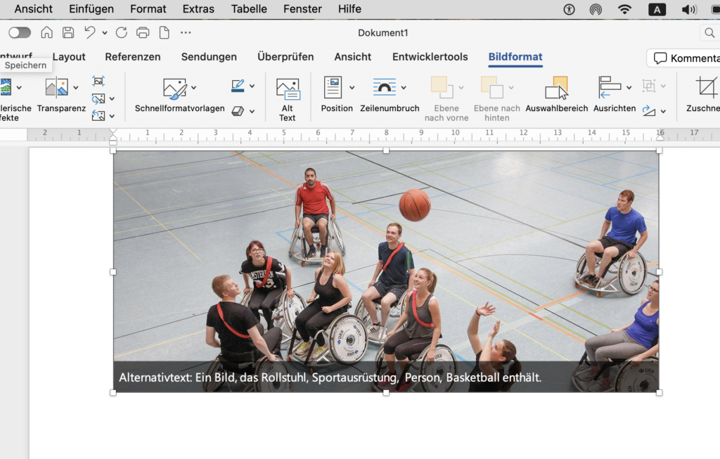 Screenshot: Ein in Word in hochgeladenes Bild einer Gruppe gemischtgeschlechtlicher Rollstuhlbasketballspieler mit eingeblendeten Alt-Text."