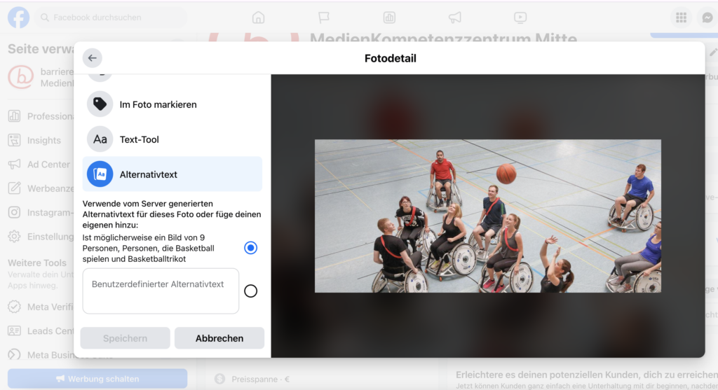 Screenshot: Ein in Facebook hochgeladenes Bild einer Gruppe gemischtgeschlechtlicher Rollstuhlbasketballspieler mit eingeblendeten Alt-Text."