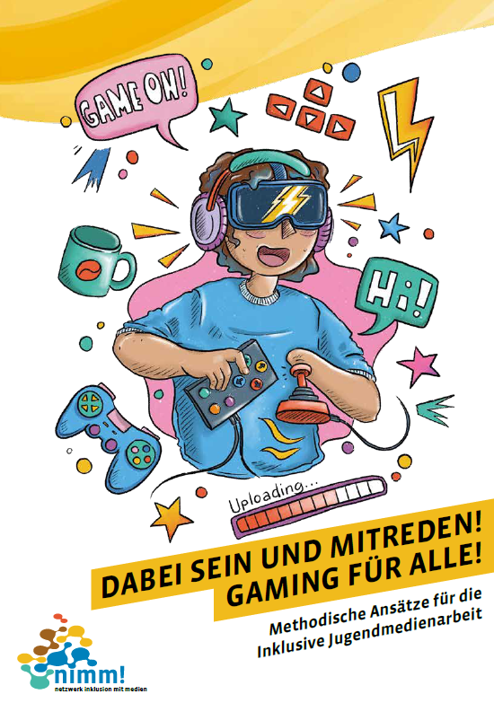 Grafik: eine jugendliche Person ist im Zentrum und lacht. Sie hat eine VR-Brille und Kopfhörer auf, einen Controller in der rechten Hand und bedient mit ihrem linken Armstumpf einen Joystick. Außenrum die Sprechblasen: "Game on!" und "Hi!" Außerdem Blitze und Sterne, eine Tasse, Bedienpfeile und ein Ladebalken.