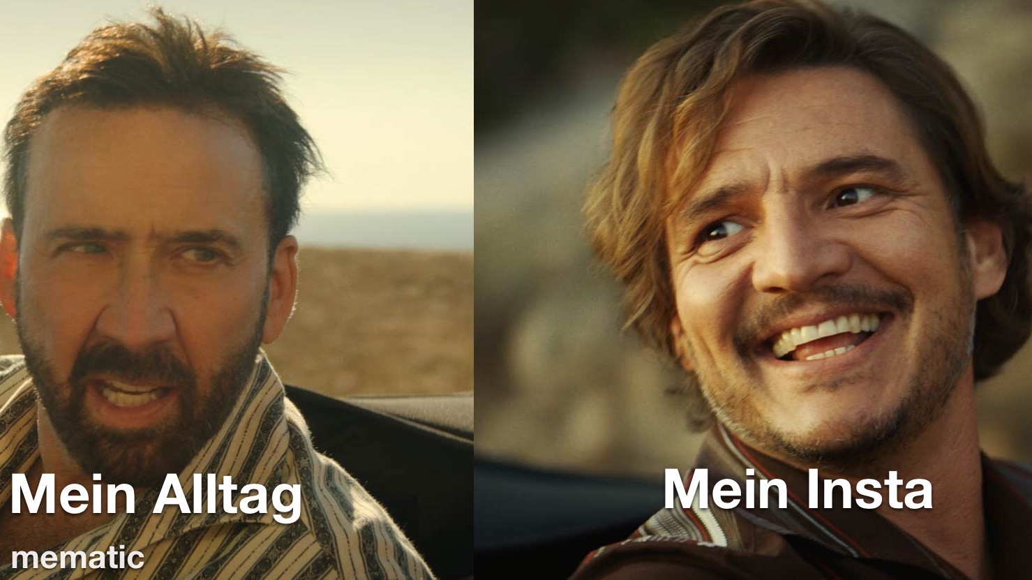 Meme: 2 Filmscreenshots sind nebeneinander geschnitten. Links: Nicolas Cage, der gehetzt und angestrengt schaut. Beschriftung: Mein Alltag. Rechts: Orlanda Bloom, strahlend lächelnd, Beschriftung: Mein Inta