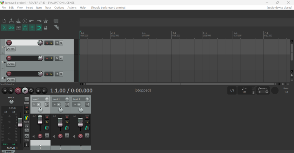 Screenshot von Reaper mit verschiedenen Audiospuren und Toneinstellungen.