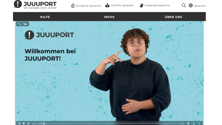 DGS-Video auf der Startseite von JUUUPort: Erklärung des Angebots in deutscher Gebärdensprache