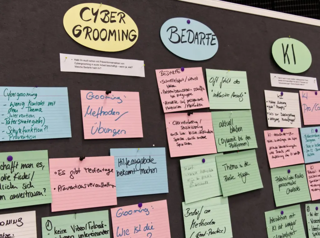 Eine Pinnwand mit vielen bunten Karteikarten darauf, handbeschrieben mit Ideen zu Cybergrooming, KI und Bedarfen.