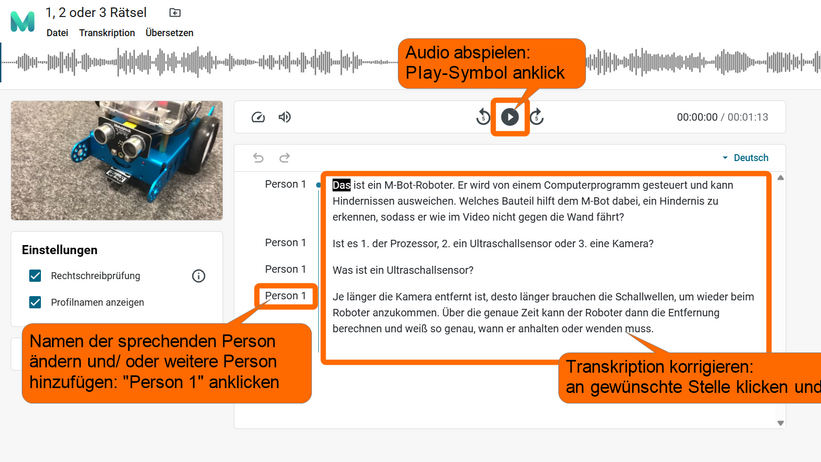 Screenshot der Anwendung Melvin mit Anweisungen zur Nutzung