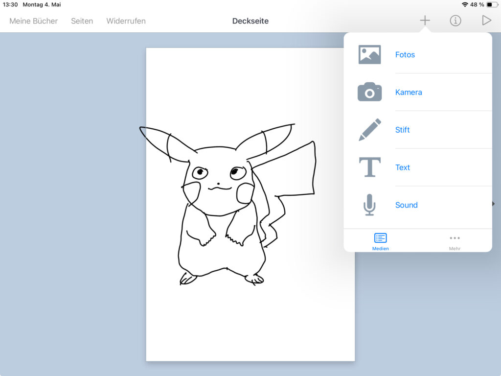 nachgezeichnete und freigestellte Pikachu-Figur, eingefügt in Book Creator