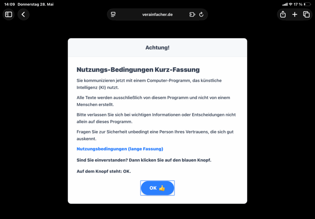 Die Nutzungsbedingungen vom Verainfacher in Einfacher Sprache