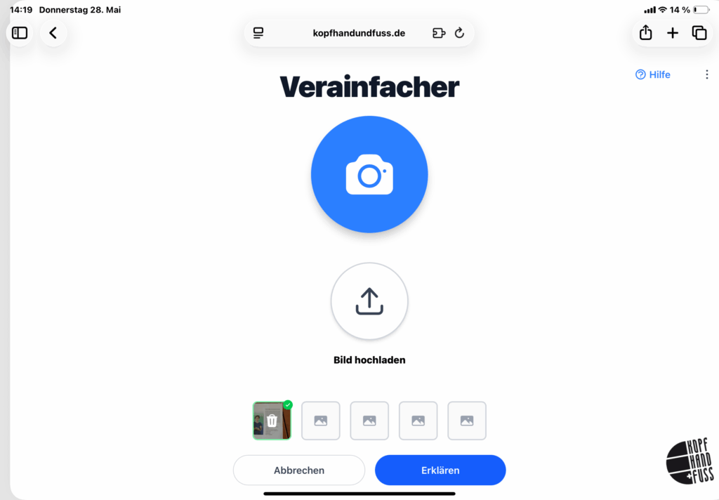Mit dem Vereinfacher fotografierte Textseite, weitere Textseite können hinzugefügt werden.