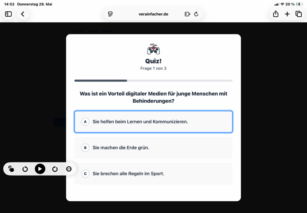 Quiz vom Vereinfacher: Die Fragen können mit der integrierten Vorlesefunktion vorgelesen werden