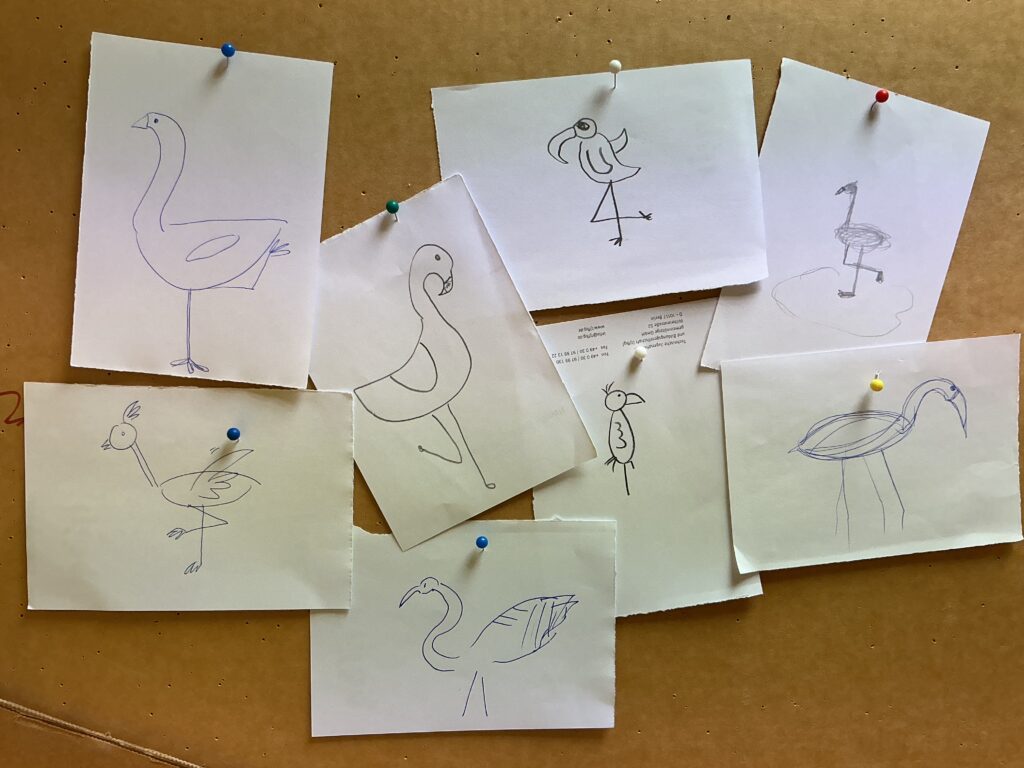 Viele Handzeichnungen eines Flamingos