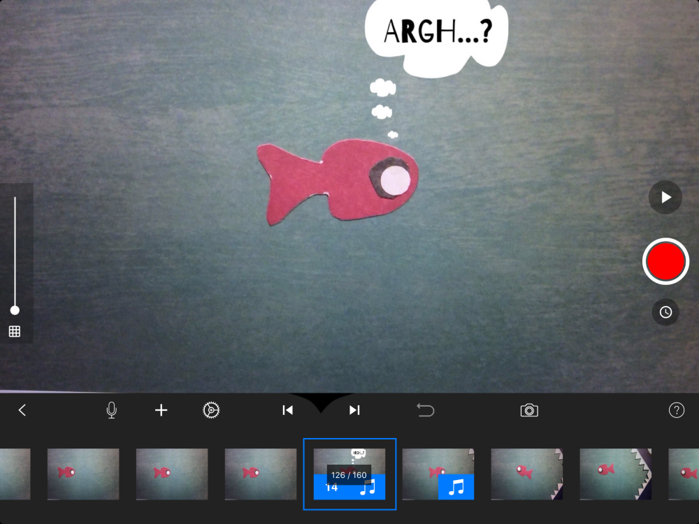 Bildschirmfoto StopMotion App: Gebastelter Fisch mit Sprechblase "Aaaah"
