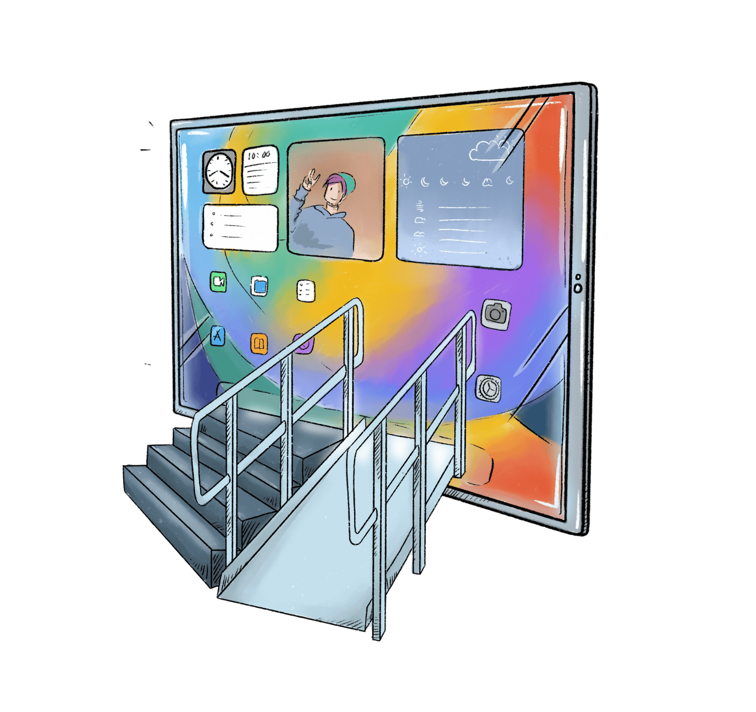 Illustration eines großen Bildschirms mit einer Rampe und Treppen davor als Symbol für Barrierefreiheit