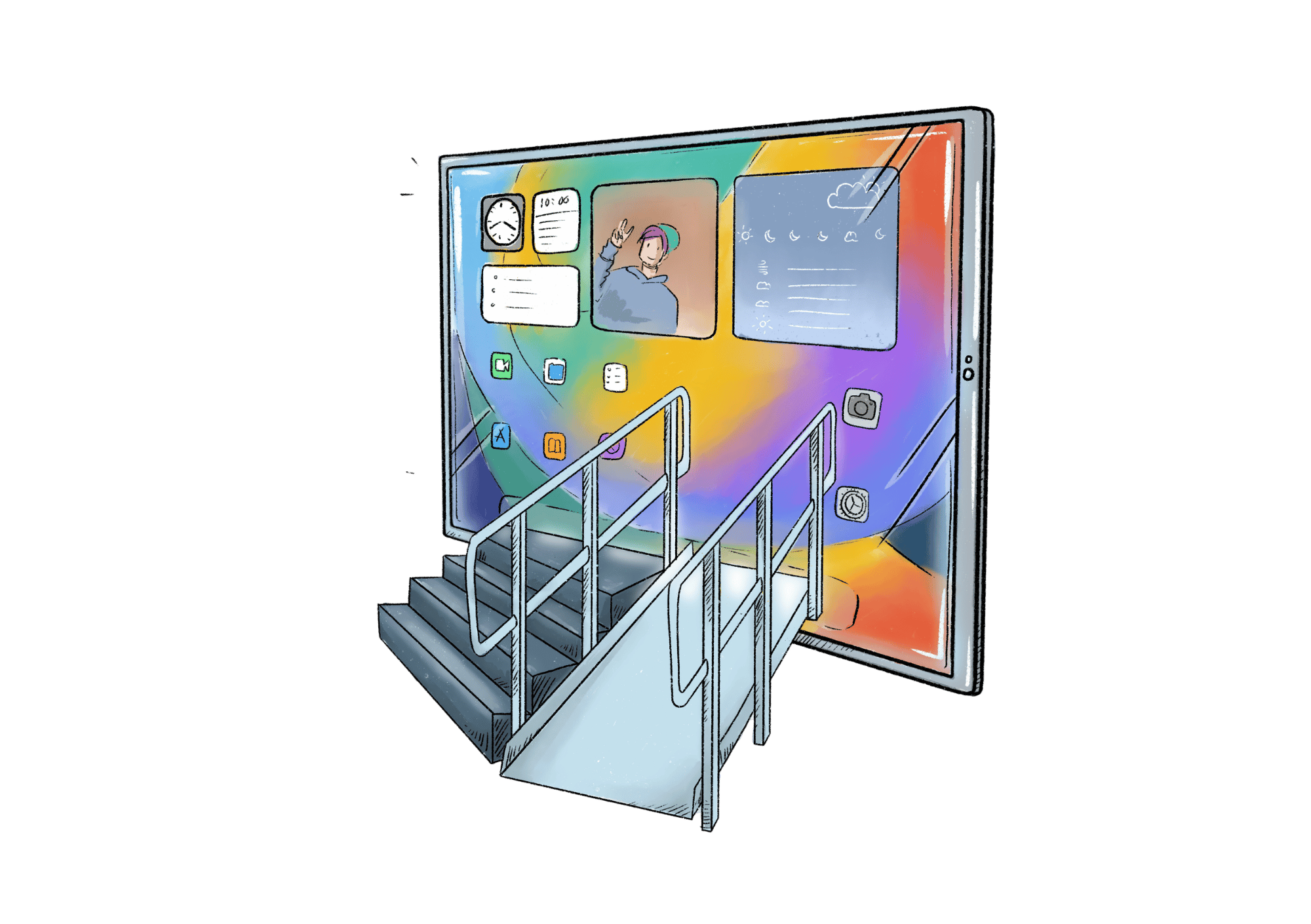 Illustration eines großen Bildschirms mit einer Rampe und Treppen davor als Symbol für Barrierefreiheit