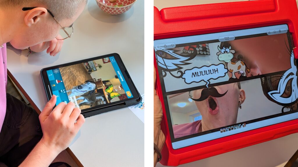 Collage aus zwei Fotos: Links betrachtet eine Person mit Brille ein Tablet, auf dem eine App geöffnet ist. Rechts ist ein rotes Tablet mit einem geöffneten Comic zu sehen.