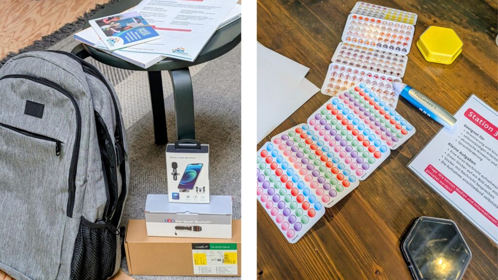 Collage aus zwei Fotos:
Links: Ein grauer Rucksack neben einem Stapel verpackter Technik sowie Methodenkarten.
Rechts: Der ausgepackte TelliMero-Stift mit Stickerblock und zwei Talking Tiles.